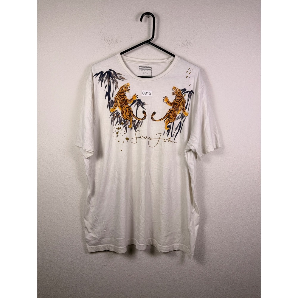 Sean John Mens Tiger Graphic T-Shirt White 2XL Crew Neck Streetwear Cotton Tee